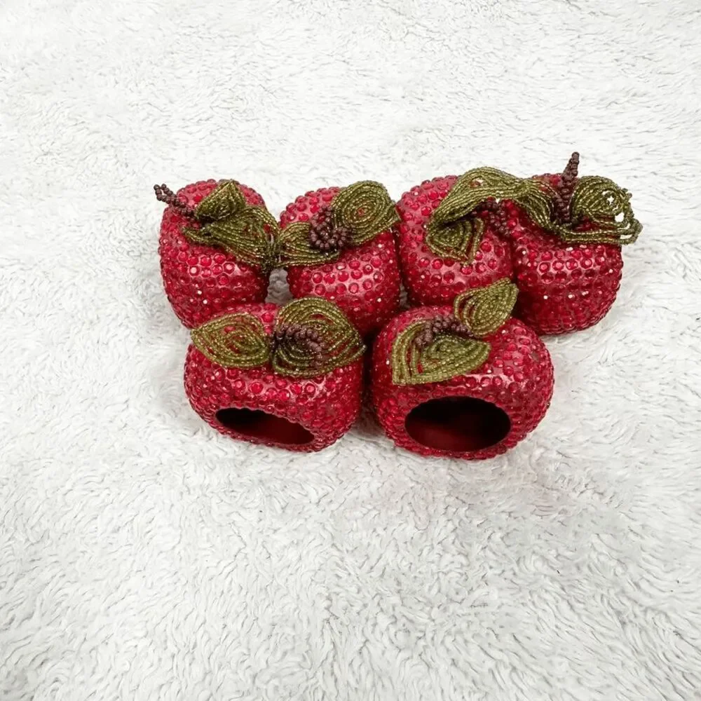 Set of 6 Bejeweled Apple Napkin Rings Kitchen Table Decor Beaded Summer Fall